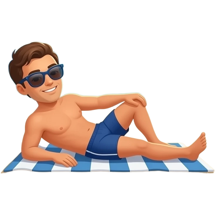 Mache ein Mann der sich am Strand in der Sonne in Badehose sonnt, er trägt eine Sonnenbrille und eine speedo und  im Hintergrund das Meer, Sand und Sonne emoji