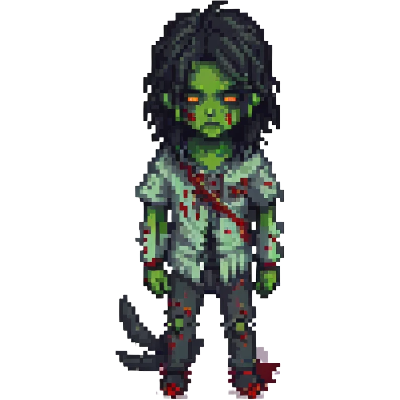 boy zombie with long black wolf cut hair, pixel art style emoji