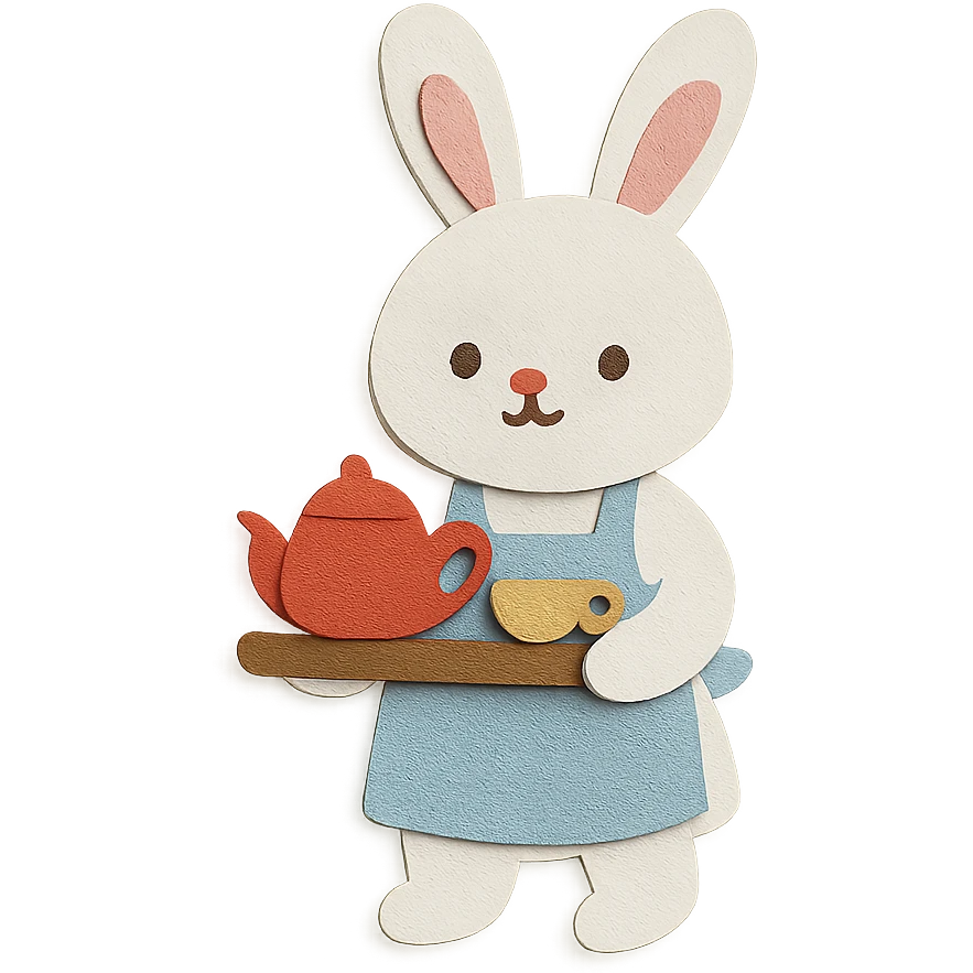 white bunny in apron holding tea tray, paper-craft style emoji