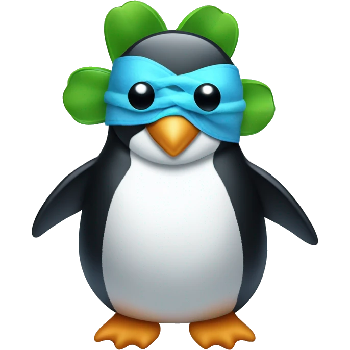 penguin holding a four leaf clover with a blue sleep mask on its head  emoji