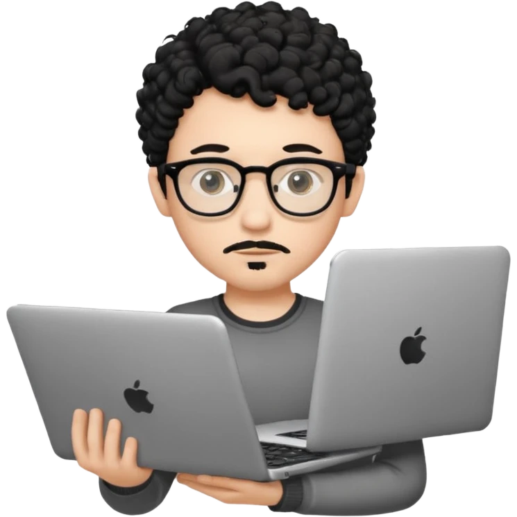 A young boy DEVELOPER WITH A laptop, black curly short hair, wearing glasses, a thin goatee, his skin is white emoji