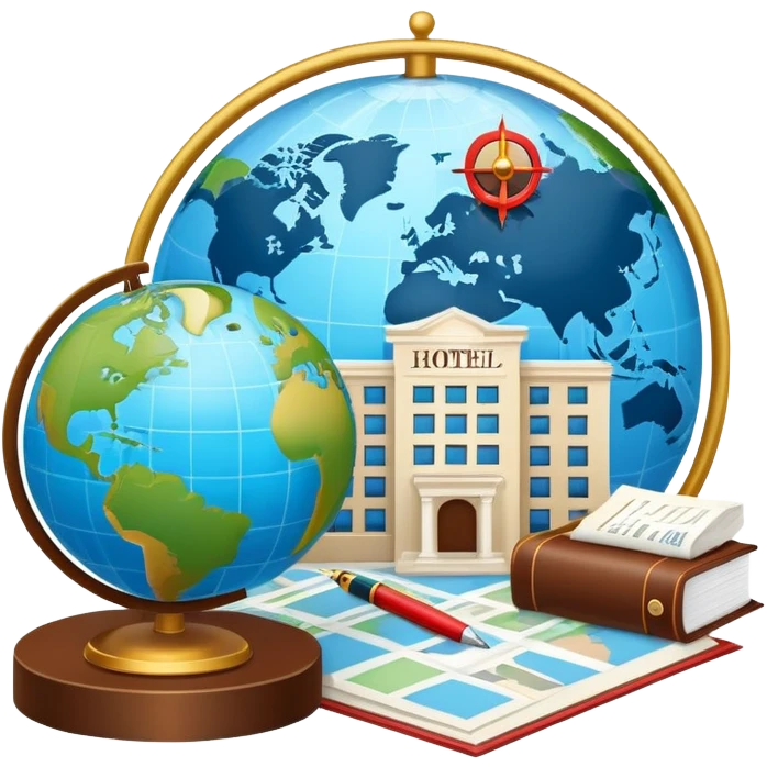 An icon featuring a hotel building, and a globe, symbolizing the scientific study of tourism and hospitality. The design includes a map, a compass, and a checklist, representing travel planning and service management. Transparent background highlights the academic exploration of the tourism industry emoji