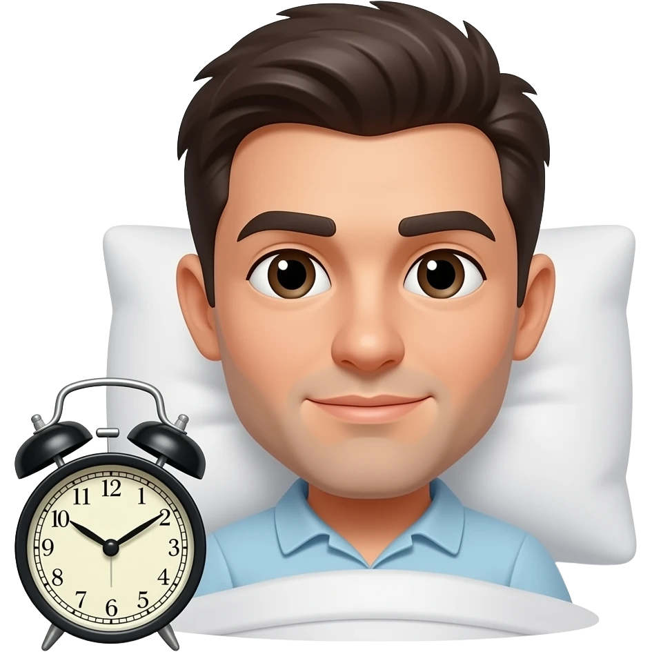 man and dark hair going to bed emoji style dark eyes with alarm next to him emoji
