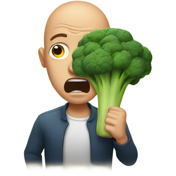 Bald man frightened while holding broccoli  emoji