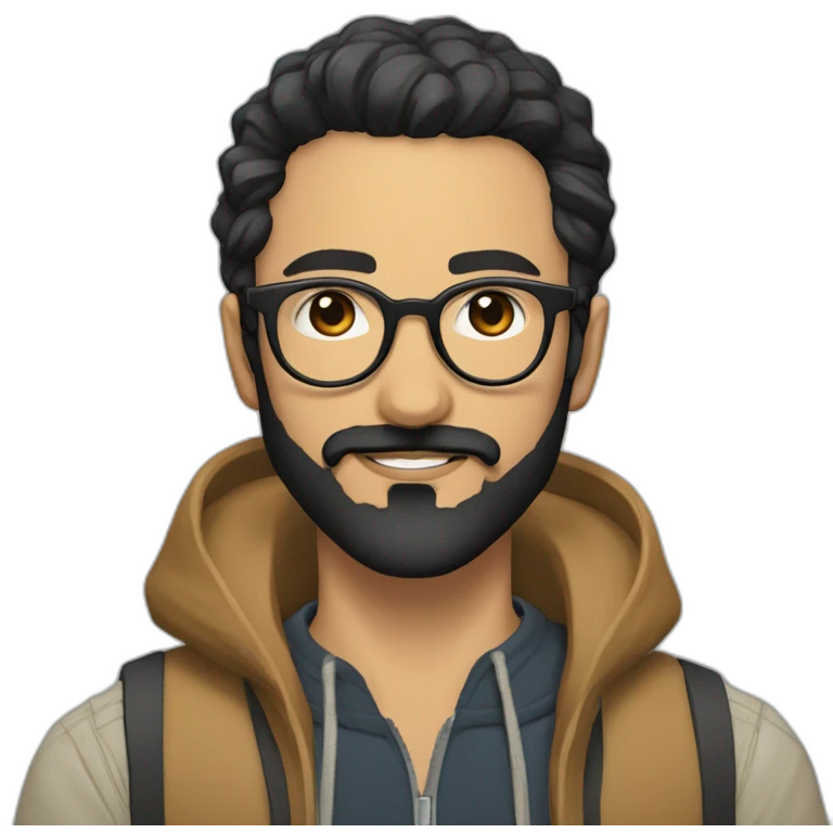 Arabic man, very short black hair, round hipster glasses, dark beard and mustache, round-ish face, brown eyes, beautiful smile, beautiful clothes inspired by neo tokyo emoji