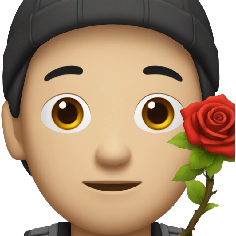 an asian man with a "D" written cap holds a black rose emoji