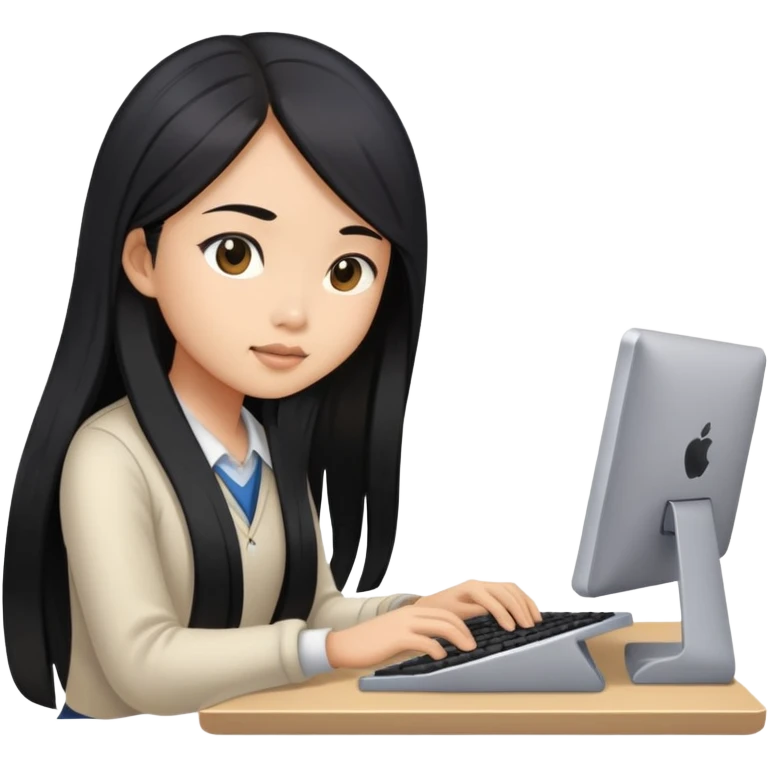 asian girl with long black hair and light brown skin typing on computer emoji