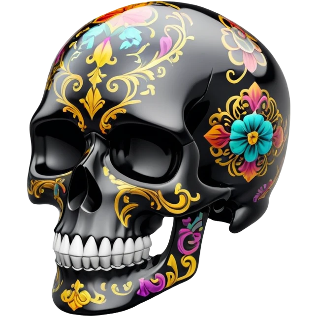high-end glossy black skull with intricate luxury brand pattern, prismatic color accents inside skull only, professional street art quality, side view emoji
