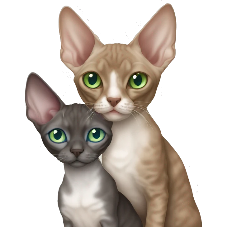 Brown Devon Rex with green eyes cuddling grey Devon Rex with blue eyes emoji