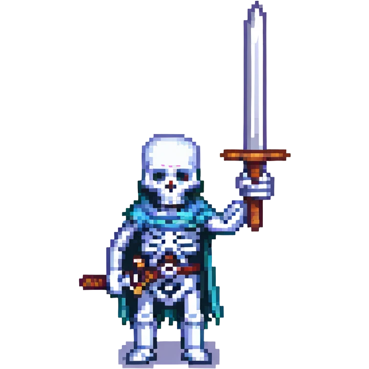 skeleton holding a sword, pixel art style, classic video game look emoji