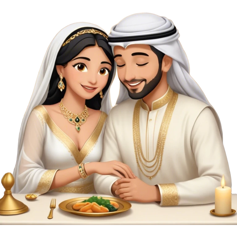 intimate moment a Arab couple at candlelit dinner. The woman, dressed in a sophisticated white gown with delicate jewelry, smiles as her partner, wearing a traditional black and gold bisht with a white ghutra, leans in to whisper or kiss her cheek. Their hands are gently intertwined on the table,M emoji