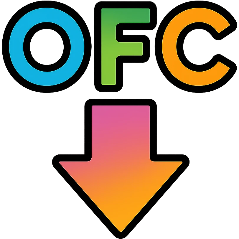 Letters OFC with a downward arrow underneath, using vibrant rainbow colors emoji