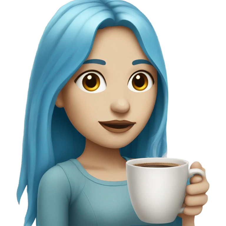 white skin girl with blue long hair drinking coffee emoji
