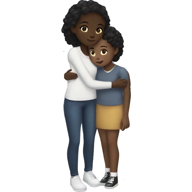 Black girl with dark brown hair hugging a white girl with black hair  emoji