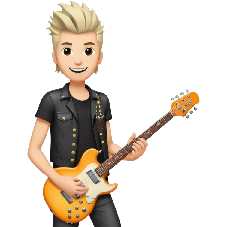 Rockstar musician with a confident smile looking up, electric guitar, cool hairstyle, rock and roll attitude emoji