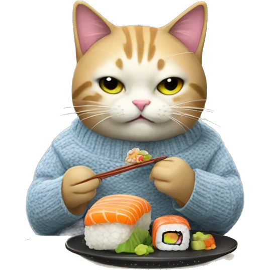 A cat wearing a sweater eating sushi  emoji