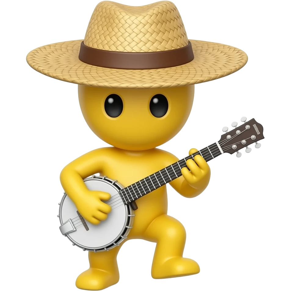 Little mini yellow emoji wearing straw hat playing banjo stomping his foot, top view emoji