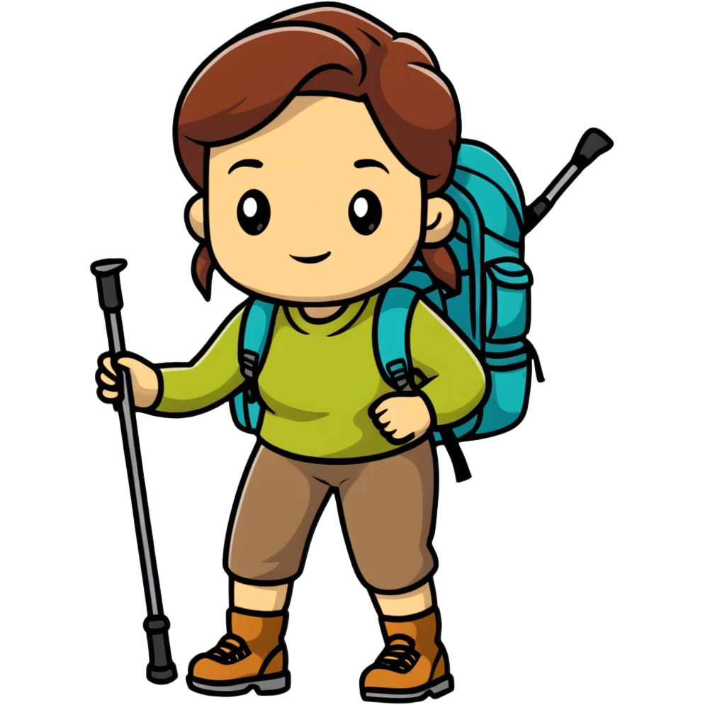 female hiker with backpack and hiking poles emoji