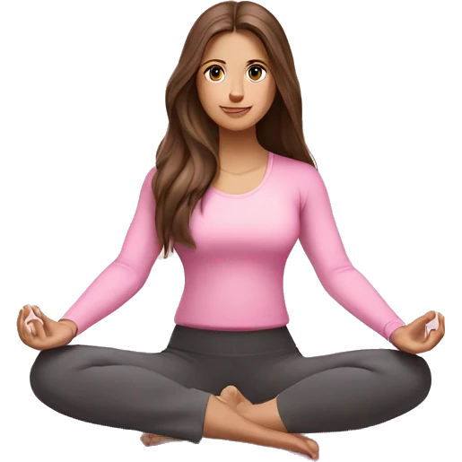Brunette long hair and blue eyes yoga beautiful girl in light pink pink pink clothes sitting on a yoga mat emoji