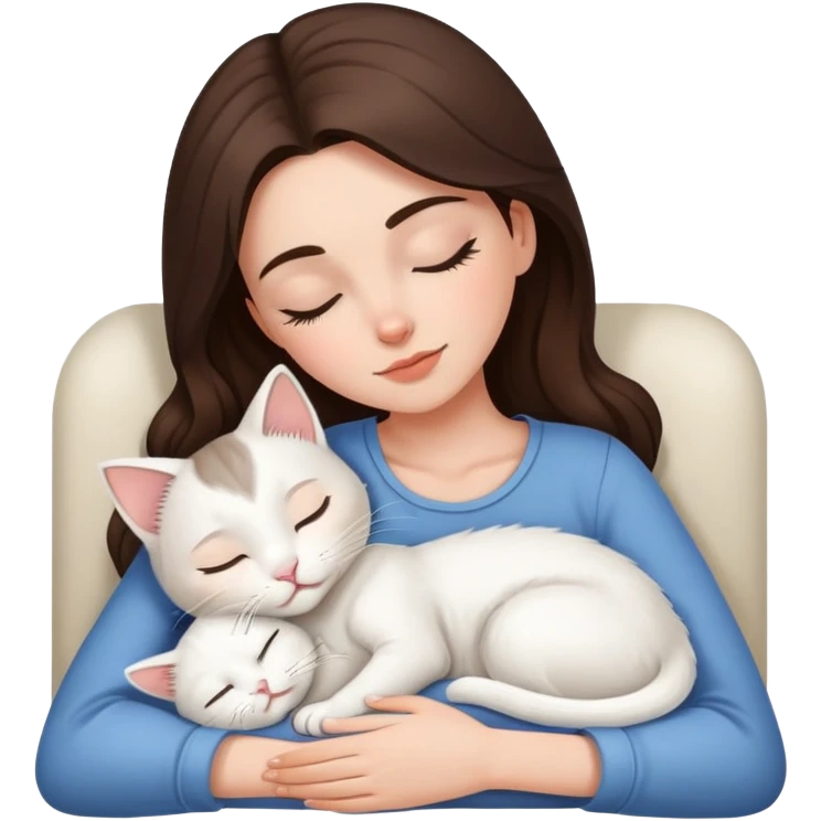 White kitty sleeping on brunette white girl's lap emoji
