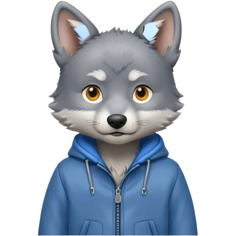 Wolf pup with soft fur and alert ears, jacket, half body, standing emoji