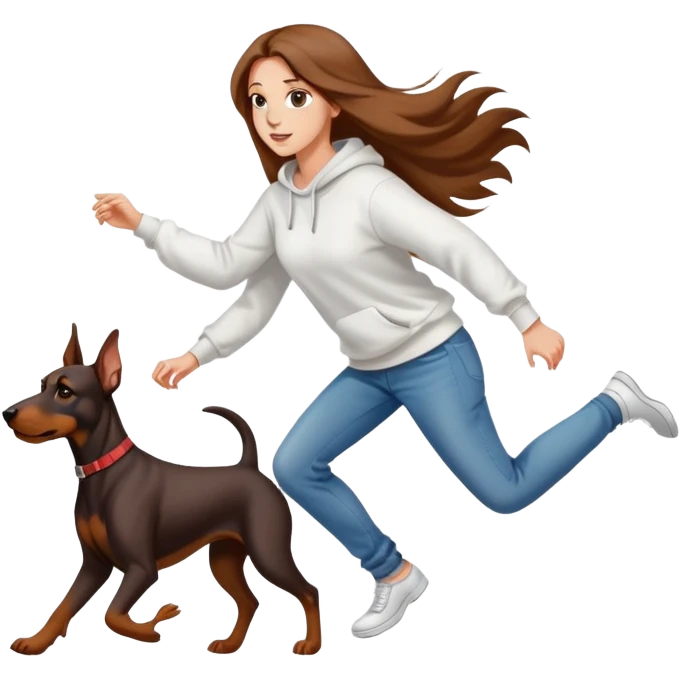 A beautiful girl with long hair wearing a white sweatshirt and jeans is chasing Doberman emoji
