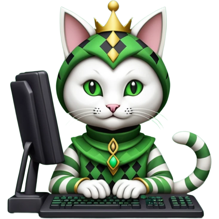 mac os icon code computer retro terminal, black, green white, fantasy court jester cat draw as ASCII GREEN code inside the terminal emoji
