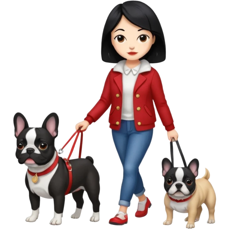 Mujer de pelo negro paseando un bulldog francés  emoji