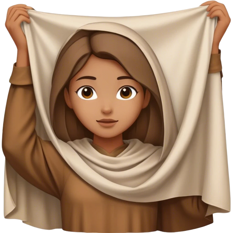girl in brown tunic holding up a large piece of white cloth lying down, medieval age emoji