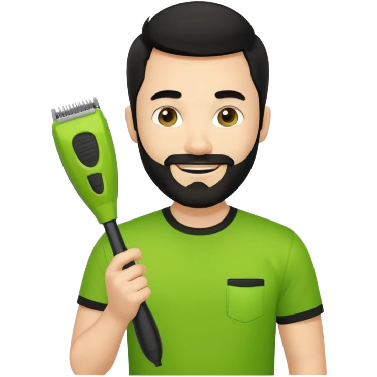 young fair-skinned man with black hair and beard, holding a lime green trimmer, smiling, black t-shirt, iOS emoji style emoji