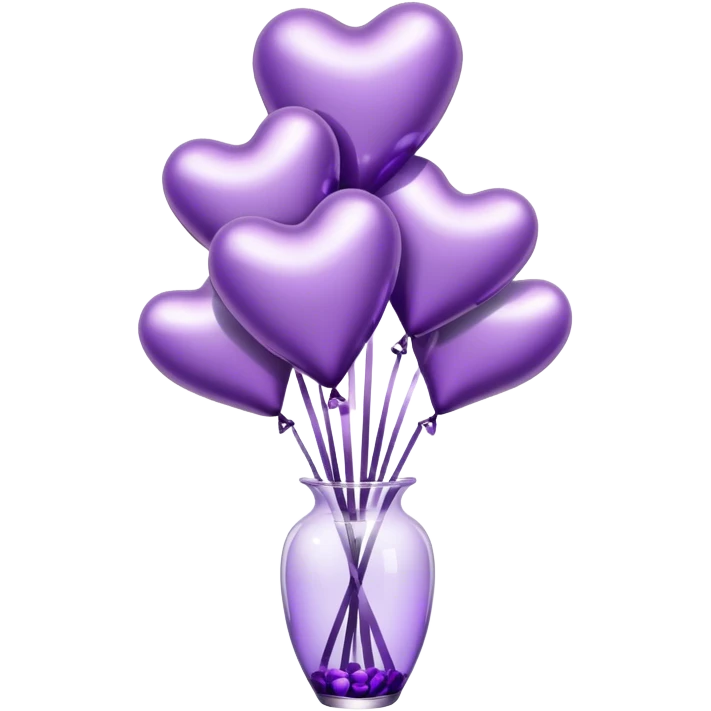 "A cluster of metallic heart-shaped balloons in varying shades of purple, floating beside a sleek glass vase filled with matching roses."
 emoji