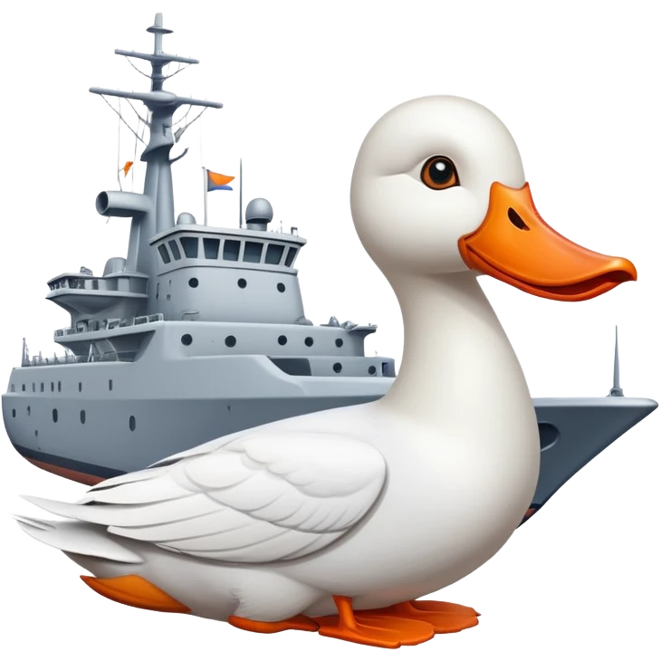 A cartoon military ship with planes on the deck and a large white goose head with orange bill at the front emoji