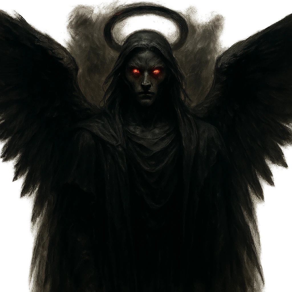 A dark angel with glowing red eyes and a dark halo, in a dark, supernatural fantasy style. emoji