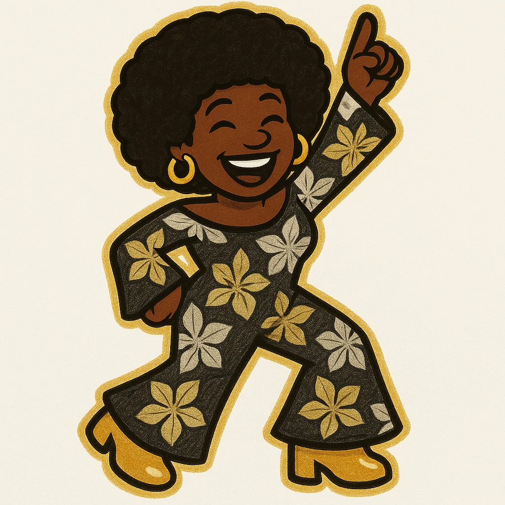 Create a 1970s disco emoji of a female African American in a classic disco dance pose. She has an afro hairstyle, joyful expression, and wears a 70s jumpsuit using only gold, silver, black, and white colors. The style is vibrant and pop colors icon style. emoji