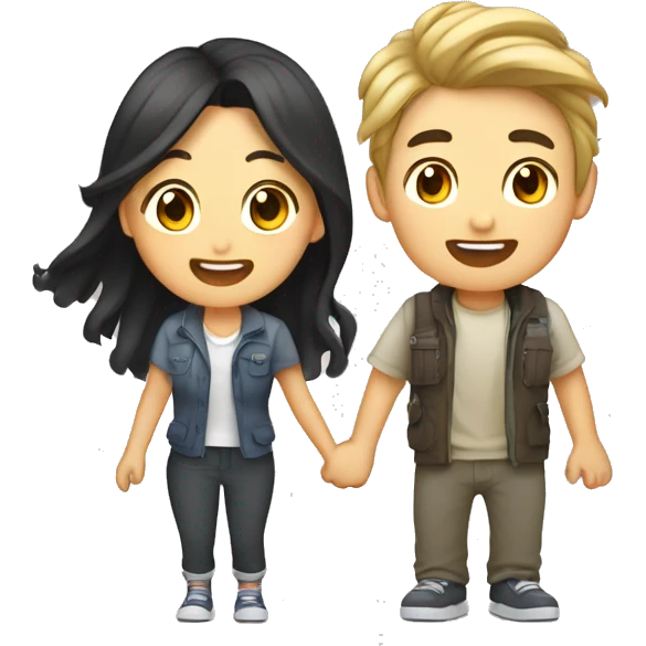 Cute Asian couple (girl with wavy long hair guy with short straight hair) excitedly traveling  emoji