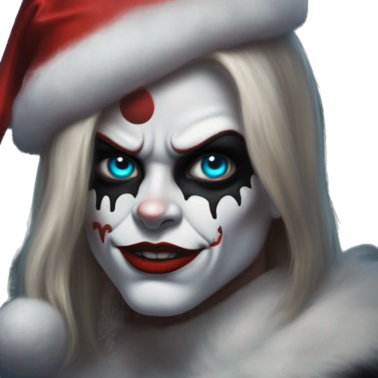 Santa Claus Terminator in Harley Quinn style, oil paint, mysterious eyes, intricate lips, masterpiece portrait, odd perspective, beautiful, desirable, logical emoji