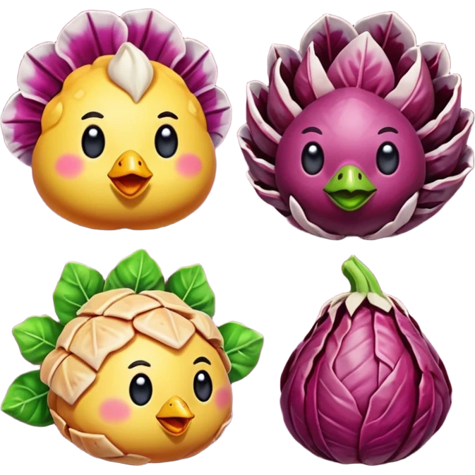 crea emote pack con sfondo trasparente e dimensioni 28x28 56x56 e 112x112 ognuna già con tutte e tre le dimensioni staccate dalle altre con tema radicchi e polli in stile gamer con parole da gaming in font bold colore arcobaleno diverso ad ogni parola emoji