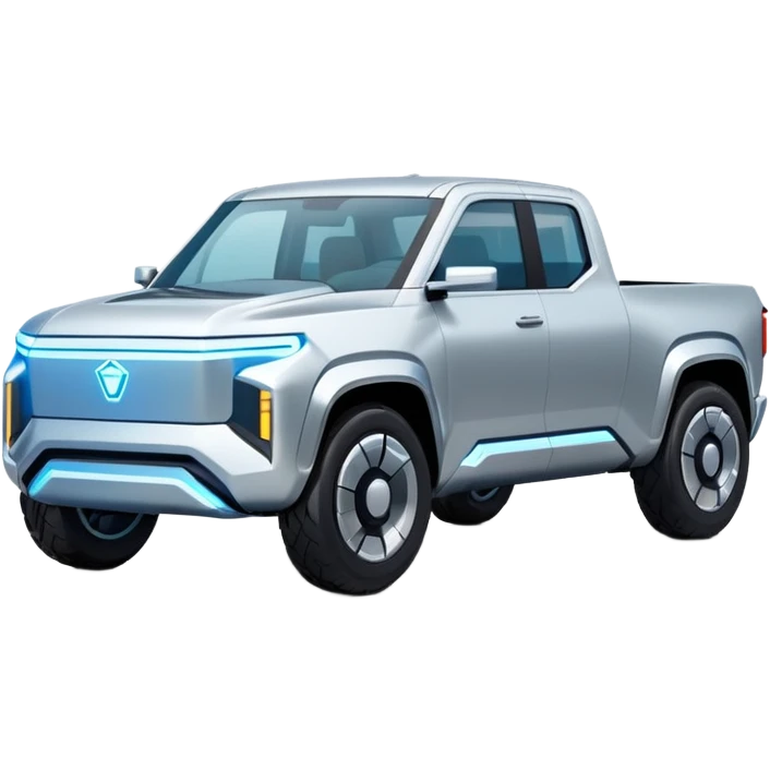 A futuristic electric pickup truck emoji, silver chrome body, angular cyber design, smooth metallic panels, subtle reflections, minimalistic proportions, iOS emoji style, centered composition, clean white background, soft lighting emoji