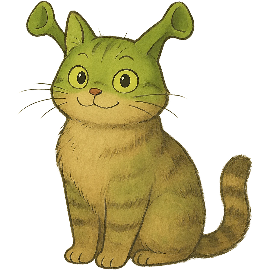 ghibli style cat inspired by Shrek with green ogre ears and whimsical look emoji