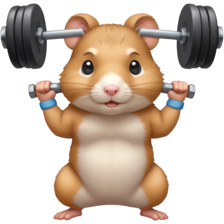 Cute cartoon-style hamster standing upright, wearing a tiny sweatband, lifting oversized dumbbells with determined expression. Soft painterly shading, expressive eyes, white background, sticker-style illustration emoji
