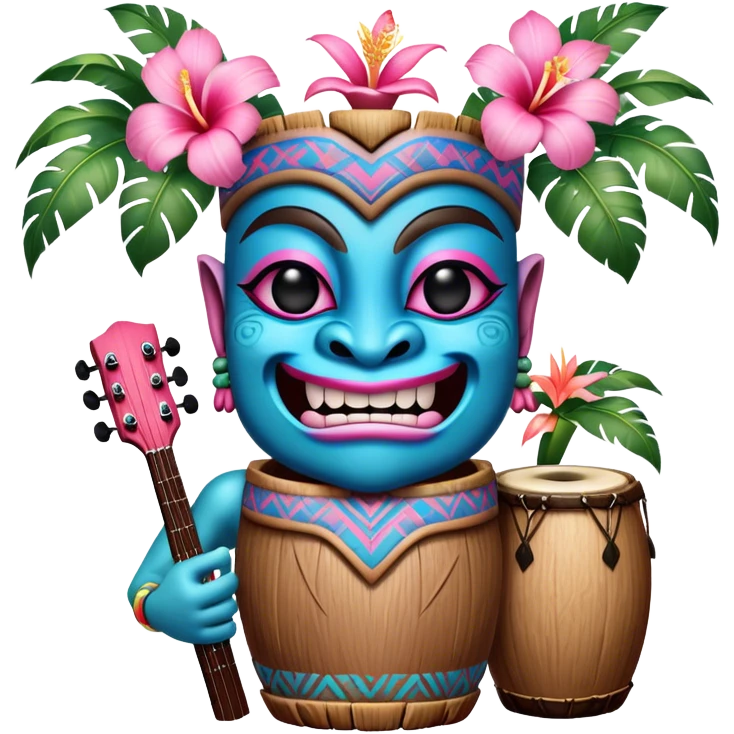 Pixar style little Blue and pink tiki singing with bongos and tropical flowers, ultra detailed and lifelike imagery, realistic emoji