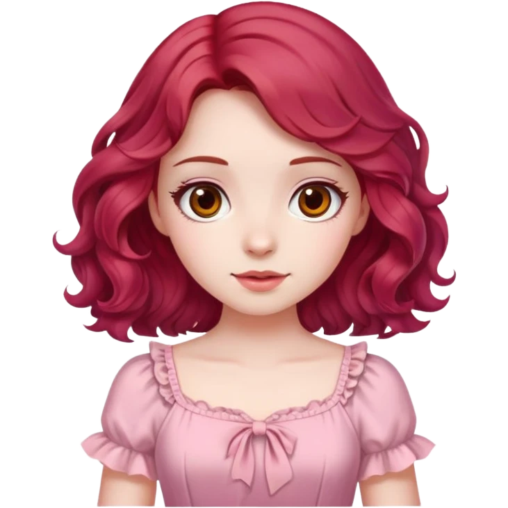 A pale girl with cherry red wavy hair and brown eyes, wearing a pink cute dress. emoji
