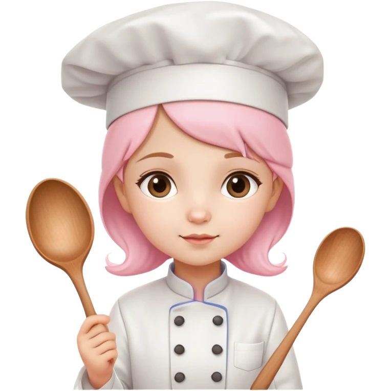Lovely little girl, dressed in a chef suit with a light pink chef hat, with a spoon in her hand emoji
