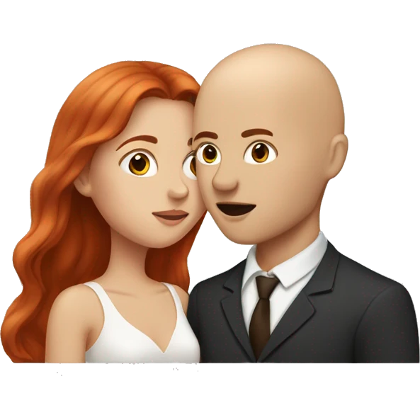 Couple kissing each other, girl is pale with red long hair and man has no hair and is white brown eyebrows emoji