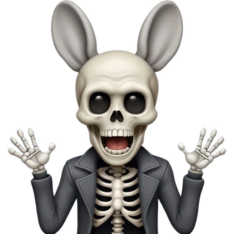 Skeleton Rick Astley screaming, but he has human ears, he still has his clothes on, the background is a blackish-gray color, and Skeleton Rick Astley is a dark gray color emoji