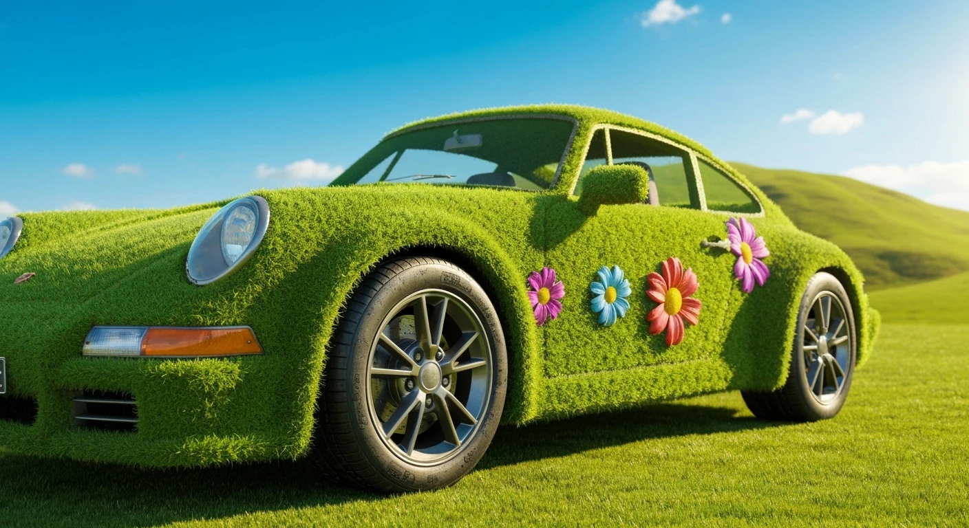 Closeup shot of a porsche 911, body of car made of grass and big colorfull flowers, green hill grass, blue clear sky, dutch angle, captured by ARRI 65 emoji