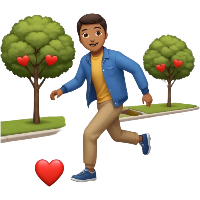 asian man tripping on sidewalk with heart eyes emoji