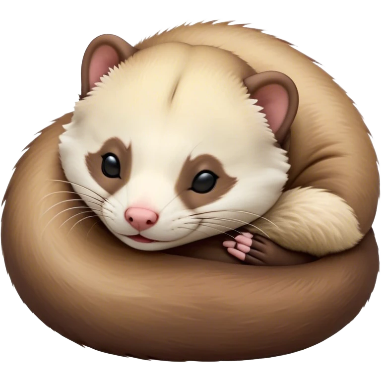 Meme-Worthy Cute Sleeping sable ferret Portrait Emoji, Head resting peacefully with a contented smile, showcasing a long, flexible body curled up in cozy repose, luxuriously soft fur in warm brown and cream, and eyes gently closed in serene slumber, Simplified yet hilariously adorable features, highly detailed, glowing with a soft, drowsy natural light, high shine, relaxed and utterly lovable, stylized with an air of playful laziness, bright and heartwarming, soft glowing outline, capturing the essence of a sleeping sable ferret that feels destined to become the next viral sensation of adorable rest! emoji