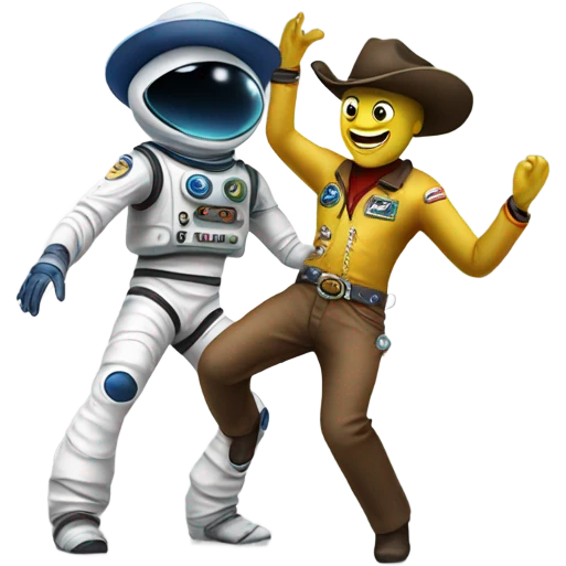 Cowboy in spacesuit dancing with an alien emoji