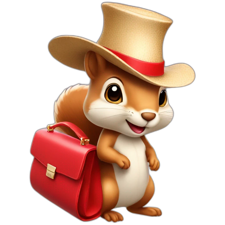 a squirrel in a hat with a wide brim a beautiful dress and with plump lips and with a fashionable red bag emoji